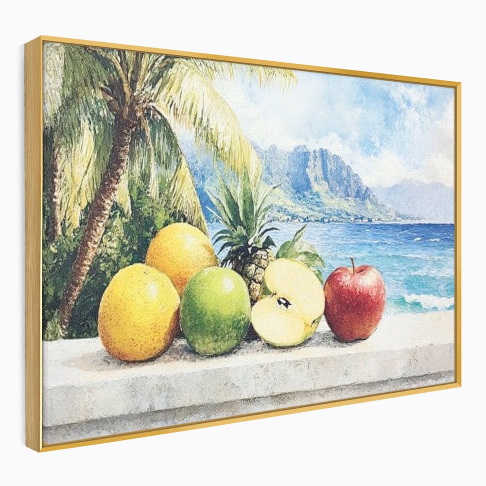 Tablou canvas cu natura moarta cu fructe tropicale si ocean, in rama de aluminiu auriu